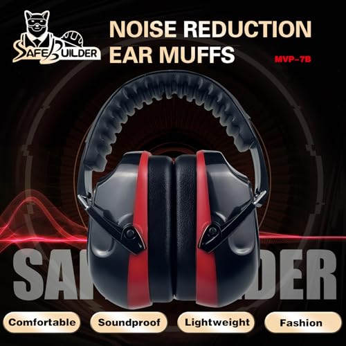 SAFEBUILDER Ear Muffs Noise Reduction SNR 33dB Adjustable Lightweight Safety Earmuffs Sound Proof Noise Cancelling ANSI - color: 1-black Combine Red