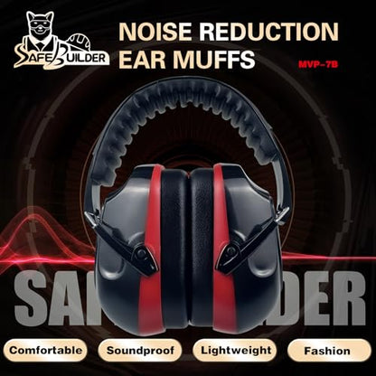 SAFEBUILDER Ear Muffs Noise Reduction SNR 33dB Adjustable Lightweight Safety Earmuffs Sound Proof Noise Cancelling ANSI - color: 1-black Combine Red