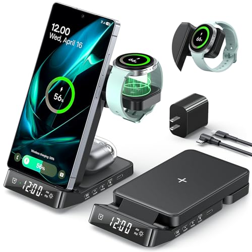 Alarm Clock Wireless Charging Station for Samsung Devices, 3 in 1 Foldable Wireless Charger for Galaxy S26 Ultra S25/Z Fold 7/6/Z Flip, Galaxy Watch Charger Stand for Galaxy Ultra/8/7, Buds
