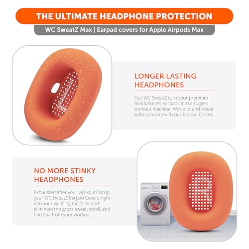 WC SweatZ Max - Patented Silicone Sweat Covers for AirPods Max 1 | Made by Wicked Cushions | (Does Not Fit AirPods Max 2). Sweatproof, Full Earpad Protection | Orange - color: Orange