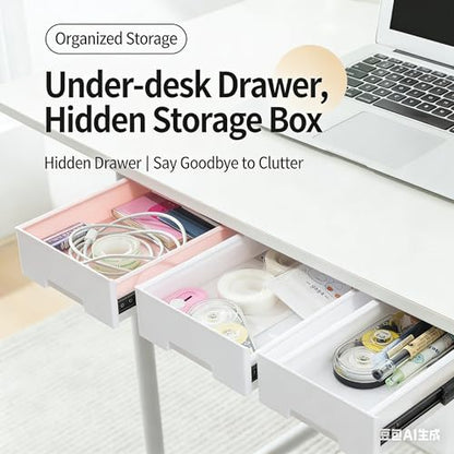 Under Desk Drawer Organizer – Self-Adhesive Hidden Storage Tray for Office & Home, Large Capacity, No Drilling, Available in White & Black - color: White