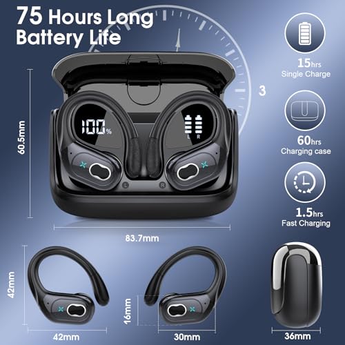 Wireless Earbuds 75H Bluetooth 5.4 Sport Headphones with Earhooks, Black | IPX7 Waterproof In-ear Buds Feature ENC Noise Cancelling Mic & Deep Bass. Stereo Sound Device for Gym Running Workout - color: Black