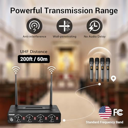 TONOR Wireless Microphones System, Handheld Microfono Inalambrico, Gray | 4x10 Channels Cordless Mics, 60 m/200FT UHF Range with Stable Signal Transmission for Karaoke Singing Party Church Wedding - style: 4 Handheld Mics Grey