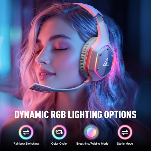 EKSA E1000 V2 Gaming Headset, PC Headset with USB C Plug, Wired Headphones with Noise Canceling Microphone, 7.1 Surround Sound, RGB Light, include USB Adapter for Computer,Mac, PS4/PS5 Console, Laptop - color: Pink