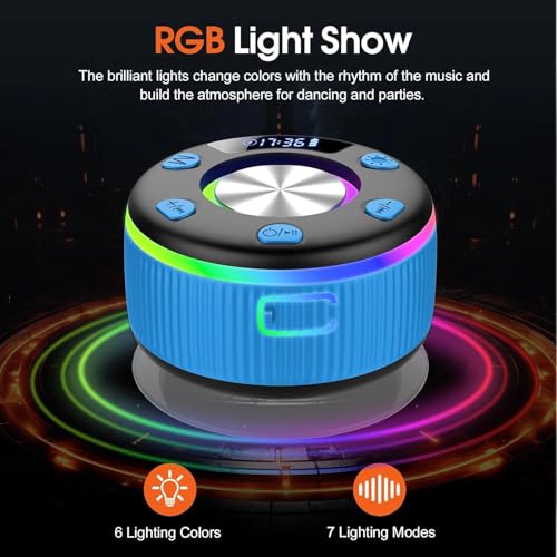 Bluetooth Shower Speaker, IP7 Waterproof Portable Bluetooth 5.3 Speakers with Suction Cup, Mini Wireless Speaker with RGB Lights Time Display, Loud Stereo Sound for Bathroom Beach Outdoor Party, Azure - color: Azure