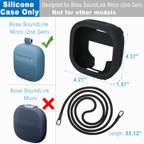Silicone Case for Bose SoundLink Micro 2nd Gen Speaker, Shockproof Travel Protective Sleeve Soft Skin Cover with Shoulder Strap (Case Only) (Black) - color: Black
