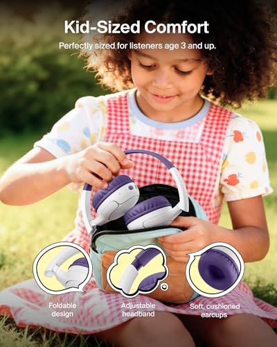 Belkin SoundForm Mini 2 Bluetooth Kids Headphones, On Ear, 55H Battery Life | Toddler headphones, 85dB Volume Limit, Built-in Mic, Wired Connection Option, iPad, Android Tablet, School, Travel - color: Purple