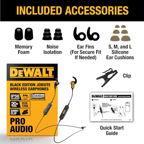 DEWALT Heavy Duty Neckband Bluetooth Earbuds - Black Special Edition Wireless Bluetooth 5.2 Headphones w/Microphone, Lightweight Comfort, IP56 Waterproof, Deep Bass, 20H Jobsite Behind-Neck Earphones - color: Black