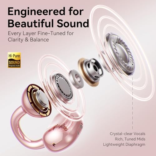 Kinglucky Clip-On Open Ear Earbuds with Detachable Diamond Earrings, Bluetooth 5.4 Open Ear Wireless Headphones for Women, 40H Playtime, Comfortable Small-Ear Fit, Rose Gold - color: Pink
