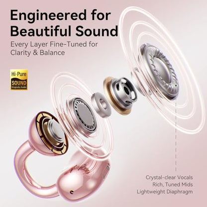 Kinglucky Clip-On Open Ear Earbuds with Detachable Diamond Earrings, Bluetooth 5.4 Open Ear Wireless Headphones for Women, 40H Playtime, Comfortable Small-Ear Fit, Rose Gold - color: Pink