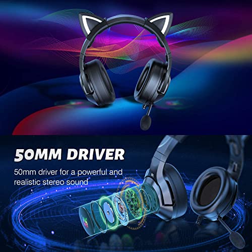 PHNIXGAM Gaming Headset - Removable Cat Ears, RGB/Retractable Mic, Black | Wired 3.5mm surround sound gaming headphone, Compatible with PC, PS4, PS5, mobile - color: Black 3.5mm
