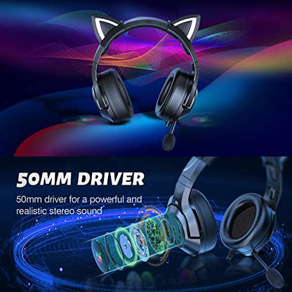 PHNIXGAM Gaming Headset - Removable Cat Ears, RGB/Retractable Mic, Black | Wired 3.5mm surround sound gaming headphone, Compatible with PC, PS4, PS5, mobile - color: Black 3.5mm