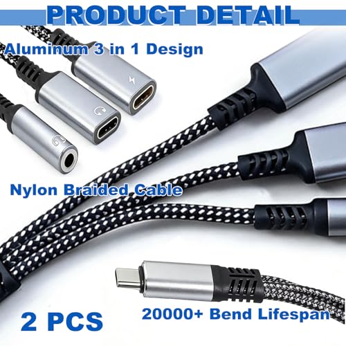 2 Pcs 3-in-1 USB-C to 3.5mm Headphone and Charger Adapter, Dual Type C Aux Splitter for iPhone 15/16 Pro/Max/Plus, Samsung Galaxy S22/S23/S24 Ultra, Huawei Mate 40/30/20