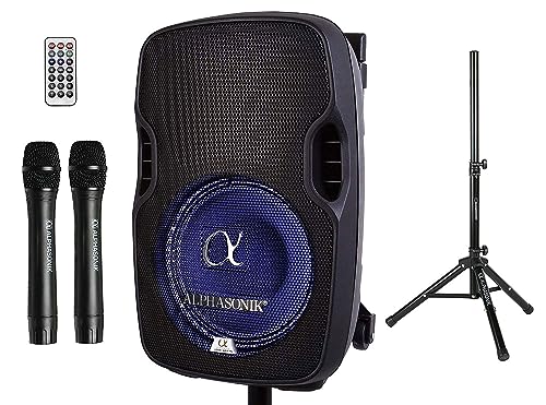 8" Portable Rechargeable Battery Powered 800W Pro DJ Amplified Loud Speaker with 2 Wireless Microphones Echo Bluetooth USB SD Card Aux MP3 FM Radio PA System LED Ring Karaoke Tripod Stand - style: 8" 800 Watts