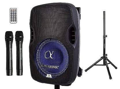 8" Portable Rechargeable Battery Powered 800W Pro DJ Amplified Loud Speaker with 2 Wireless Microphones Echo Bluetooth USB SD Card Aux MP3 FM Radio PA System LED Ring Karaoke Tripod Stand - style: 8" 800 Watts