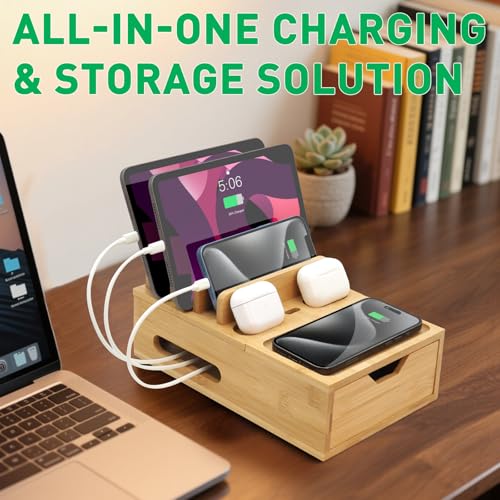 Bamboo Charging Station Organizer with Drawer & Tray, 5-Port USB Charger & 6 Cables, Magnetic Multi-Device Dock for Phones, Tablets, Smartwatches, Kindle, Home & Office