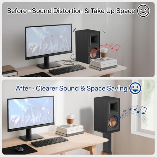 Height Adjustable Speaker Stands Pair for Studio Monitor & Bookshelf Speaker Stands-Wood Grain Floor Speaker Stands for Klipsch, ELAC, JBL, KEF, Edifier Surround Sound Speaker Stand Up to 50 Lbs