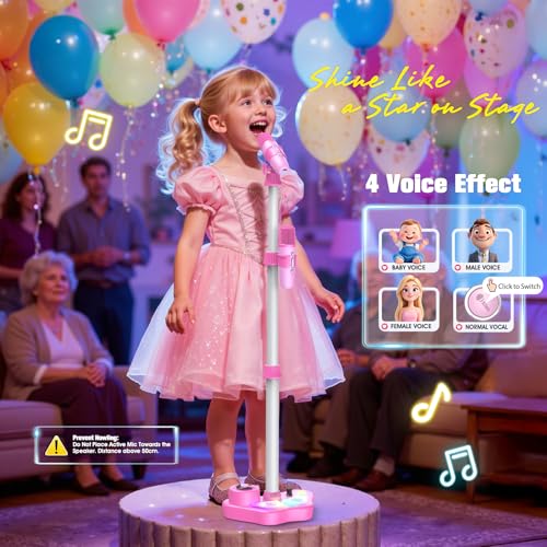 Kids Stand Karaoke Machine Toys for 3 4 5 6 7 8 Year Old Girls Gift, Kid Rechargeable Microphone Toddler Birthday Gift Singing Toy for Girl Ages 3-5 4-6, Portable Bluetooth Speaker with 2 Mics - color: Pink