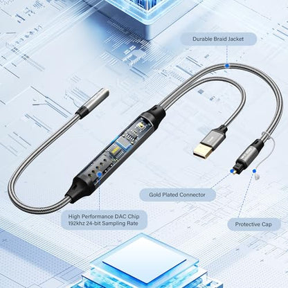 Unidirectional Optical Male to 3.5mm AUX Female Audio Converter Cable 3 Ft, 192kHz DAC SPDIF/Toslink Digital to Analog Adapter for TV/PS4/DVD to Sound Bar Headphone+Ties & AUX to 2 RCA Adapter - size: 3FT