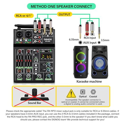 Professional Audio Mixer, 4 Channel Sound Mixer With Dual Wireless Mic, Sound Board Console MP3 Bluetooth 48V Phantom Power USB Interface DJ Mixing for Home Karaoke Party Computer Studio Recording