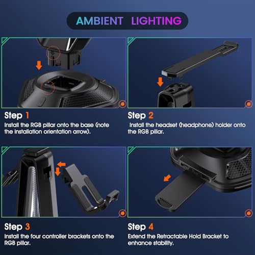 Gaming Headphones Stand with 12 Light Modes - Controller Holder for Desk, RGB Gaming Headset Stand with 2 USB Charging Ports - Supports Data Transfer, Earphone Hanger Accessories for Desktop Gamer
