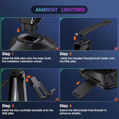 Gaming Headphones Stand with 12 Light Modes - Controller Holder for Desk, RGB Gaming Headset Stand with 2 USB Charging Ports - Supports Data Transfer, Earphone Hanger Accessories for Desktop Gamer