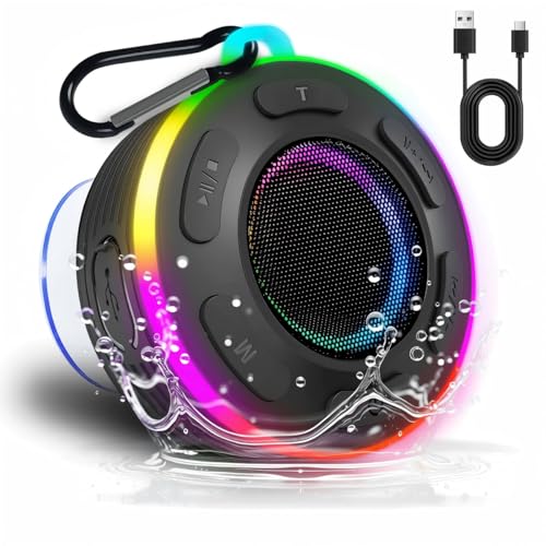 Portable Bluetooth Shower Speaker with Waterproof,Stereo,LED Light | Over 10H Playtime,Built-in Micro,Suction Cup&Hook,for Outdoor,Kitchen,Kayak,Beach,Camping,Gifts for Unisex