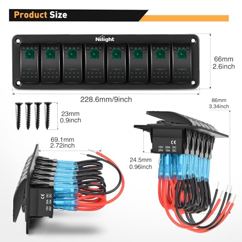 Nilight 8 Gang Rocker Switch Panel 5Pin On Off Toggle Switch Aluminum Holder 12V 24V Dash Pre-Wired Green Backlit Switches for Automotive Cars Marine Boats RVs Truck, 2 Years Warranty - color: Green, size: 8 Gang