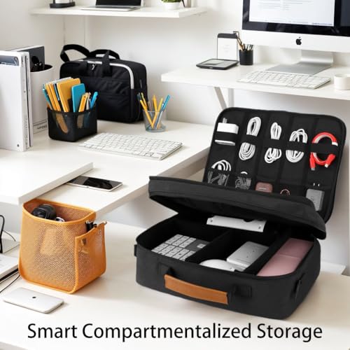Extra Large Electronics Organizer Travel Case, Cable Organizer Bag with Shoulder Strap, Electronics Accessories Storage Double Layer Bags for Cord, Tablet, Headphone, Charger, Tools, DJ Gifts-Black