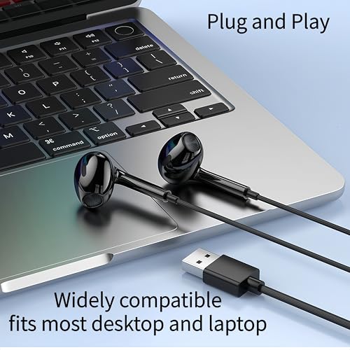 USB Headset with Microphone for PC Laptop, USB Earbuds with Mute Volume Control Stereo Bass for PC Desktop Dell HP Acer Laptop Meetings/Music,School,Black 8.2Ft(2.5M)