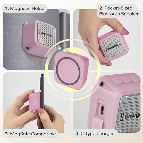 CHARGEWORX Magnetic Bluetooth Speaker and Phone Stand, Portable Mini Speaker, USB-C Rechargeable Wireless Device for High-Fidelity Audio, Compatible with MagSafe iPhone 16/15/14/13/12 Case, Pink - color: Pink