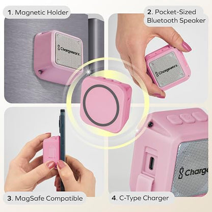 CHARGEWORX Magnetic Bluetooth Speaker and Phone Stand, Portable Mini Speaker, USB-C Rechargeable Wireless Device for High-Fidelity Audio, Compatible with MagSafe iPhone 16/15/14/13/12 Case, Pink - color: Pink