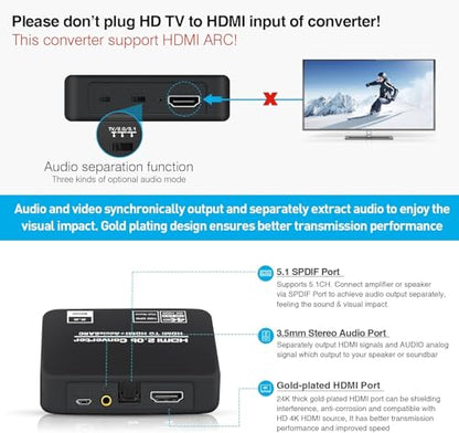 4K@60Hz HDMI 2.0b Audio Extractor Converter Adapter Splitter, HDMI eARC/ARC + Optical Toslink SPDIF + 3.5mm Stereo Audio Out, Support HDCP2.2 Digital PCM DTS 5.1, (Optical/HDMI Cables Included)