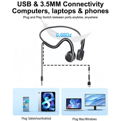 Open Ear Headphones with Microphone, Wired Air Conduction Headphones, Lightweight Flexible Open Back Headset for Phones Tablets Laptop, 3.5mm+USB Connection, 4.27 Ft Cable, Black