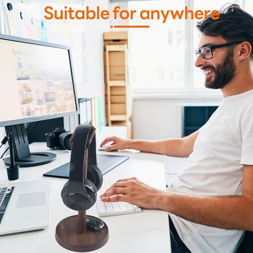 Wood Headphone Stand Headset Stand for Deak Universal Headphone Holder with Storgae Base Handcrafted Desk Organizer for Gaming Headsets(Black Walnut)