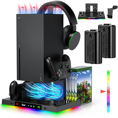 LED Cooling Stand & Charging Station for Xbox Series X Console | Cooling Fan Station for Xbox Series X Accessories with 2X 1400mAh Rechargeable Controller Battery Pack, 15 Light Modes - color: Carbon Black