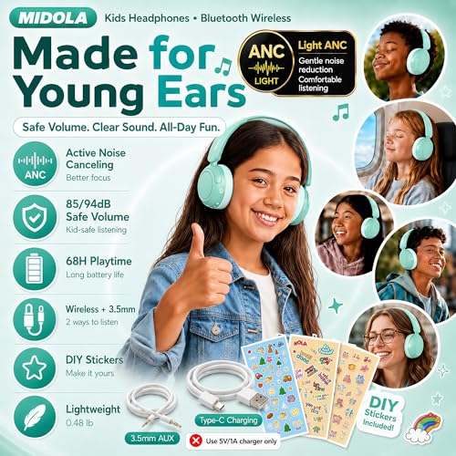 MIDOLA Kids Bluetooth Headphones Wireless,ANC,68H,Safe Volume Limit 85/94dB | Adjustable Headband Foldable Over-Ear for Toddler Girls Boys Tablet/iPad,HD Stereo,Built-in Mic,Green - color: Mint Green
