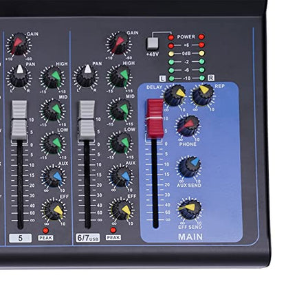 Portable Audio Mixer 7-channel Mixer with 6 Music Modes Three-band Equalization Bluetooth Mixer Dj Mixer, Interface|USB|Bluetooth Connectivity,48V Phantom Power,Monitor Function (5 microphone input)