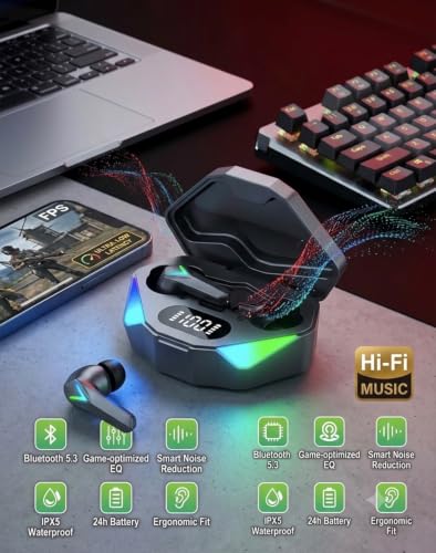 TWS-X15 Wireless Gaming Earbuds Bluetooth 5.3, IPX6, 32H air pods | Ultra-Low Latency, 13mm Dynamic Driver, LED Power Display Case, Professional Gaming EQ, Touch Controls