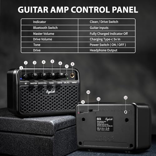 Mini Guitar Amp, 5W Small Portable Electric Guitar Amplifier, Clean & Drive Effects 2 Channels, Rechargeable Bluetooth Speaker with Headphone Jack, for Daily Practice (Black)