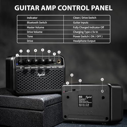 Mini Guitar Amp, 5W Small Portable Electric Guitar Amplifier, Clean & Drive Effects 2 Channels, Rechargeable Bluetooth Speaker with Headphone Jack, for Daily Practice (Black)