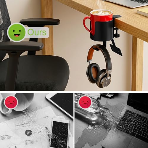 3 in 1 Desk Cup Holder Clamp, Clip On Table Cup Holder with Headphone Hook | Rotatable Water Bottle Drink Coffee Mug Organizer with Power Strip Holder, Gaming Accessories for Home and Office - color: With Power Strip Holder