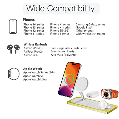 3 in 1 Wireless Charging Station for Apple Devices with MagSafe | For iPhone 17/Air/16/15/14/13/12, AirPods & Apple Watch, Foldable Portable Aluminum Charging Stand, Adapter Included - color: Yellow