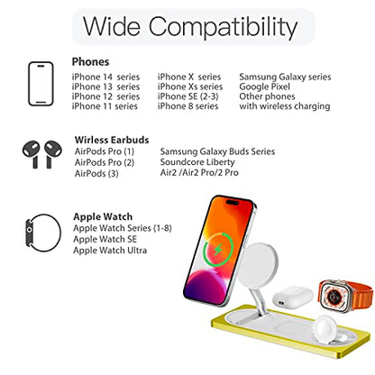 3 in 1 Wireless Charging Station for Apple Devices with MagSafe | For iPhone 17/Air/16/15/14/13/12, AirPods & Apple Watch, Foldable Portable Aluminum Charging Stand, Adapter Included - color: Yellow