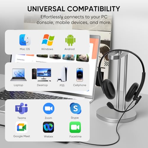 USB Headset with Noise-Canceling Microphone, USB-C/USB-A/3.5mm for PC Mac | 290° Rotating Noise-Canceling Mic, Dual Mute Controls, Lightweight Comfort, and 3-Way Connectivity for Clear Calls