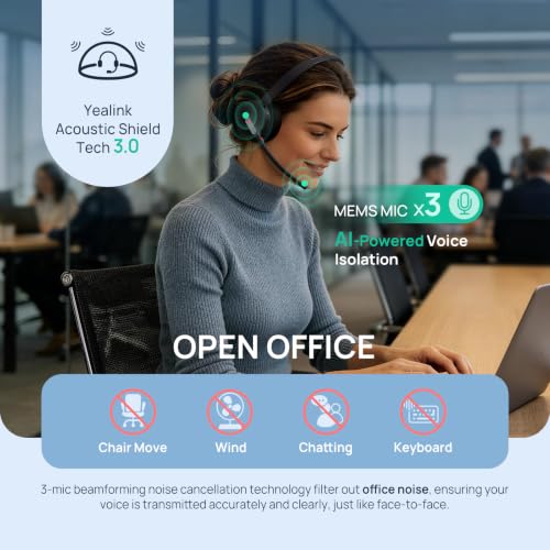Yealink BH70 Mono Bluetooth Teams Headset with AI Mic for Work from Home PC | 3 Microphone Sound Isolation, Microsoft Teams & Zoom Certified, Compatible with Cisco Zoom Google, 35h Talk, USB-A dongle - color: Black(Mono), style: Teams(USB-A)