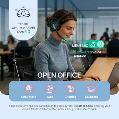 Yealink BH70 Mono Bluetooth Teams Headset with AI Mic for Work from Home PC | 3 Microphone Sound Isolation, Microsoft Teams & Zoom Certified, Compatible with Cisco Zoom Google, 35h Talk, USB-A dongle - color: Black(Mono), style: Teams(USB-A)