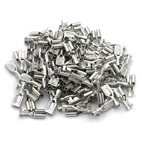 BAOMAIN 100-Pack 6.3mm 1/4" Female Spade Connector Non-Insulated Terminals | Tinned Copper 1/4" Non-Insulated Female Connectors with Locking Tab for 18-16 AWG Wire,Ideal for Automotive & DIY Projects