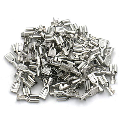 BAOMAIN 100-Pack 6.3mm 1/4" Female Spade Connector Non-Insulated Terminals | Tinned Copper 1/4" Non-Insulated Female Connectors with Locking Tab for 18-16 AWG Wire,Ideal for Automotive & DIY Projects