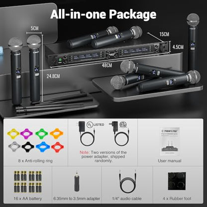 Phenyx Pro 8-Channel UHF Auto Scan Wireless Microphone System,PTU-6000-8H | 8 x 40 Frequencies, 328 ft Range, 8 Dynamic Handheld Microphones for Singing, Church, Karaoke, Wedding, Speaking, Party